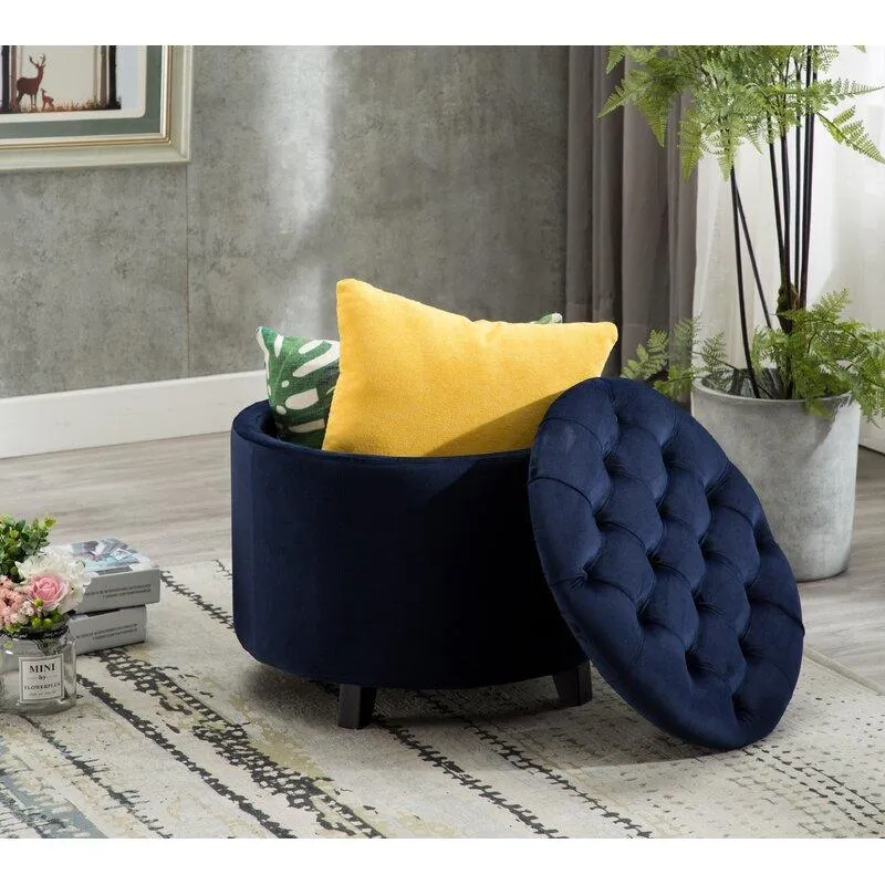 Alhome Velvet Navy Pouf Malaysian Wood, Velvet Fabric, Navy Color (36x36x46)