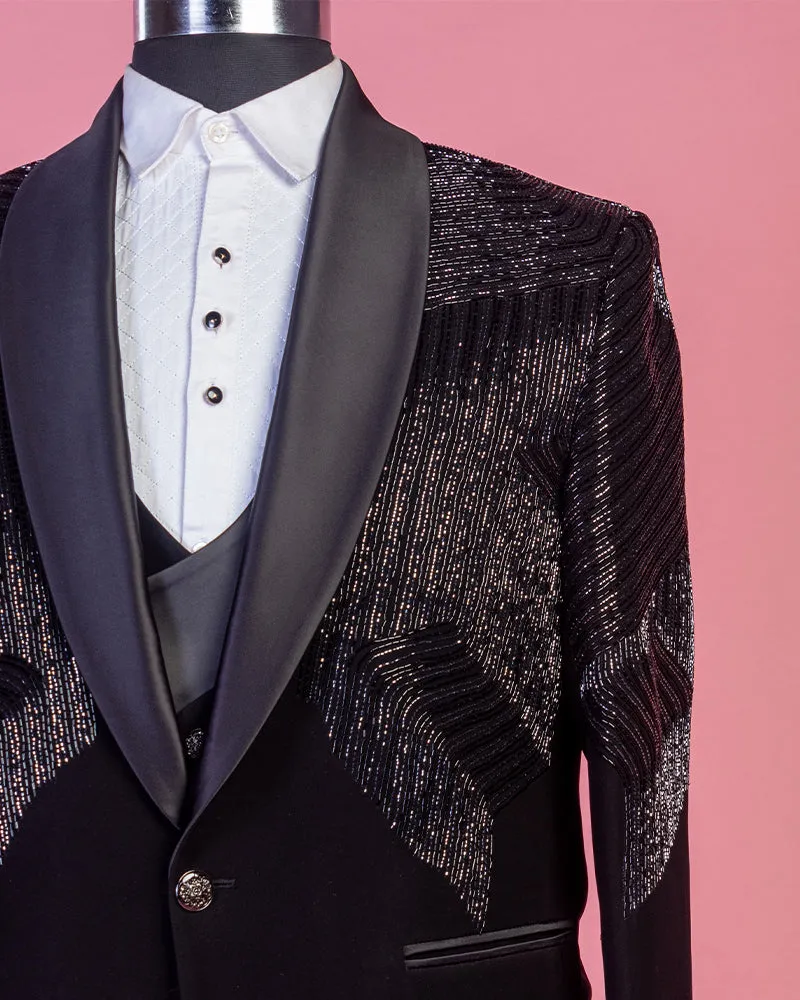 Black Velvet Embroidered Tuxedo Suit
