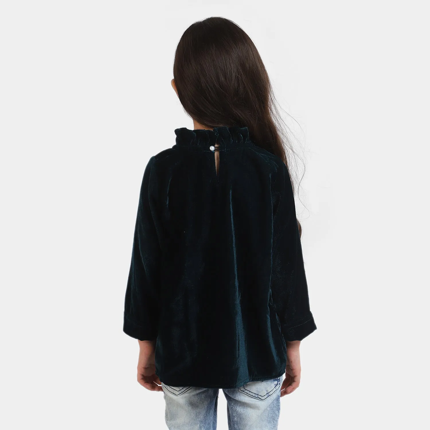 Girls Velvet Top Pearl Charm-Sea Green