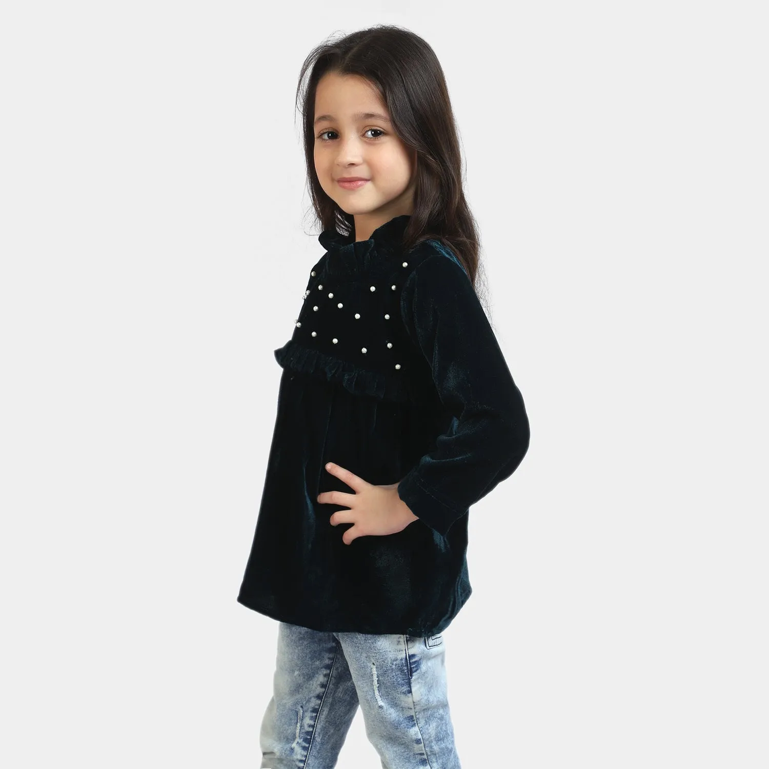 Girls Velvet Top Pearl Charm-Sea Green