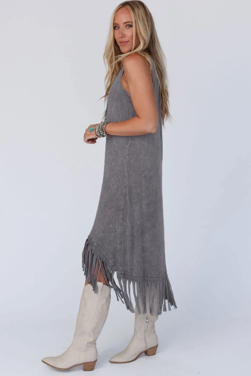 Gray Washed Sleeveless Fringe High Low Hem Maxi Dress