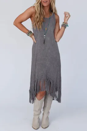 Gray Washed Sleeveless Fringe High Low Hem Maxi Dress
