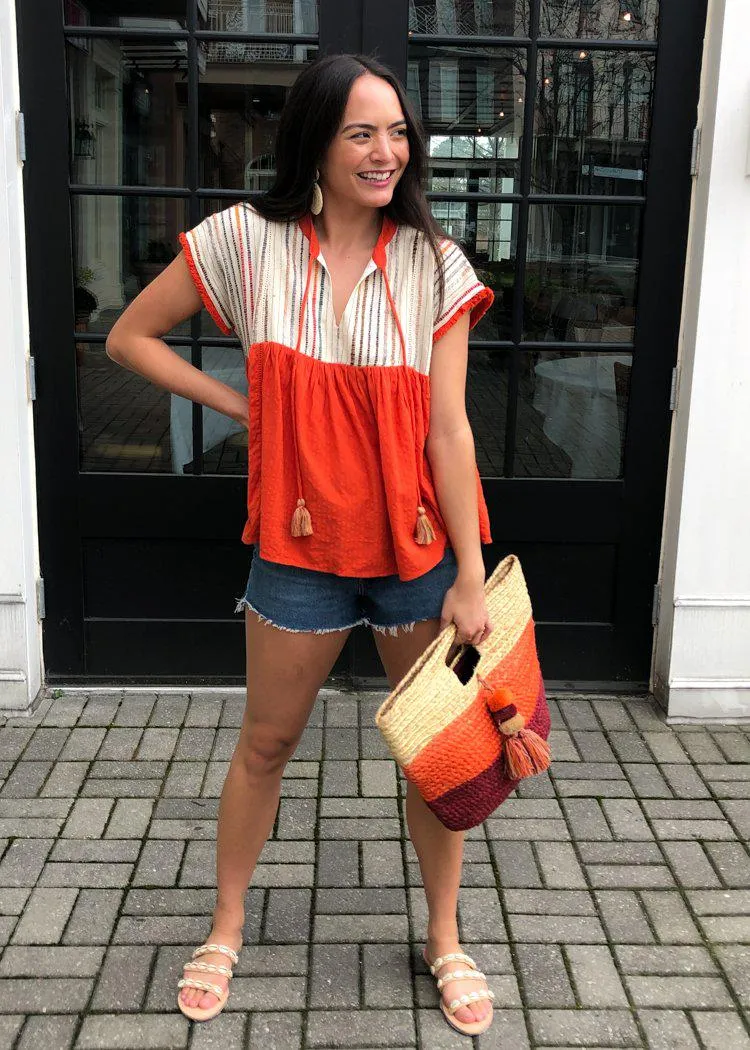 THML Clementine Embroidered Striped Tassel Top