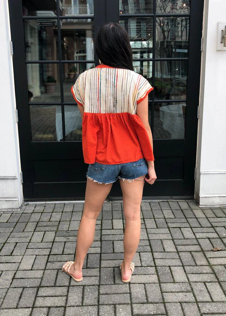 THML Clementine Embroidered Striped Tassel Top