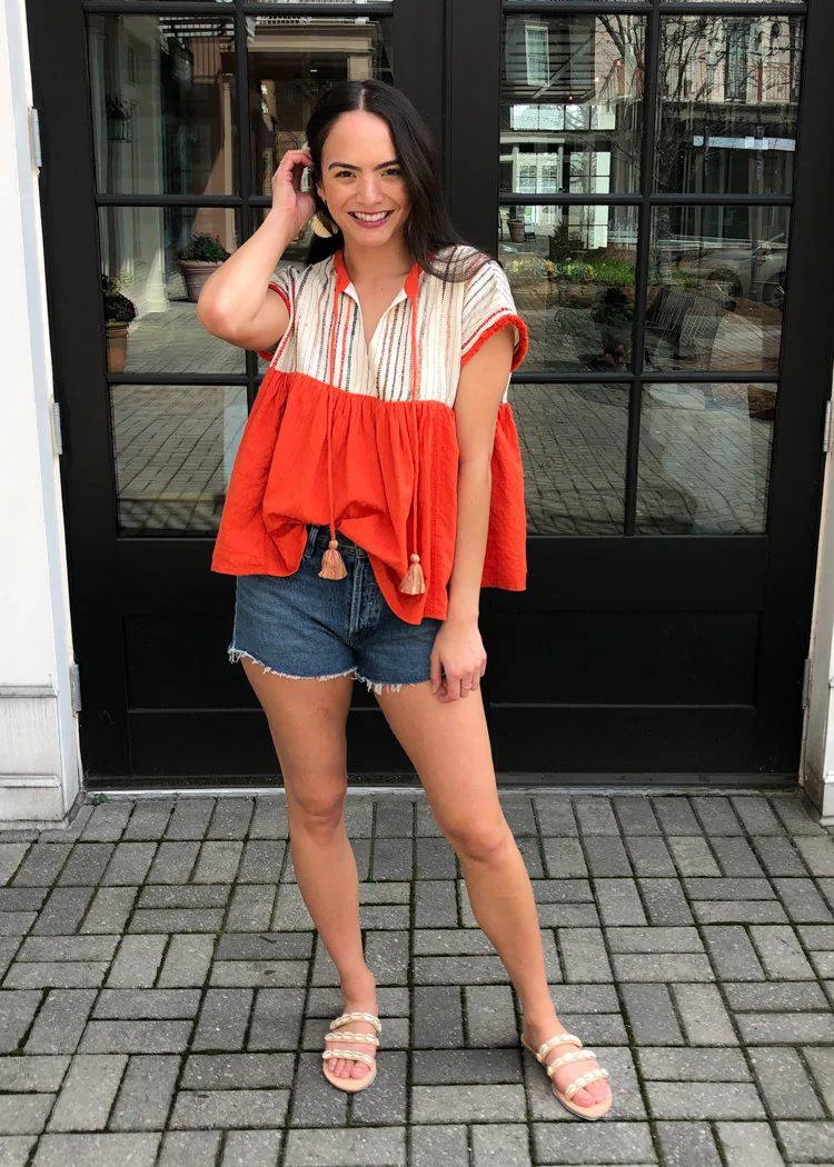 THML Clementine Embroidered Striped Tassel Top