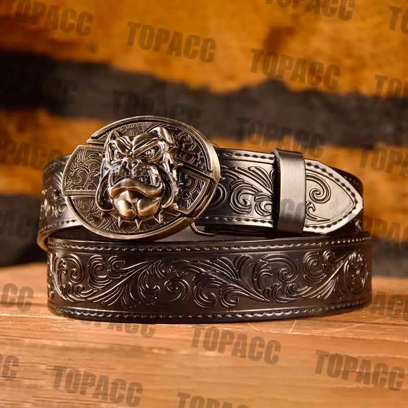 TOPACC Western Genuine Leather Pattern Tooled Black Belt - Buckle with Block