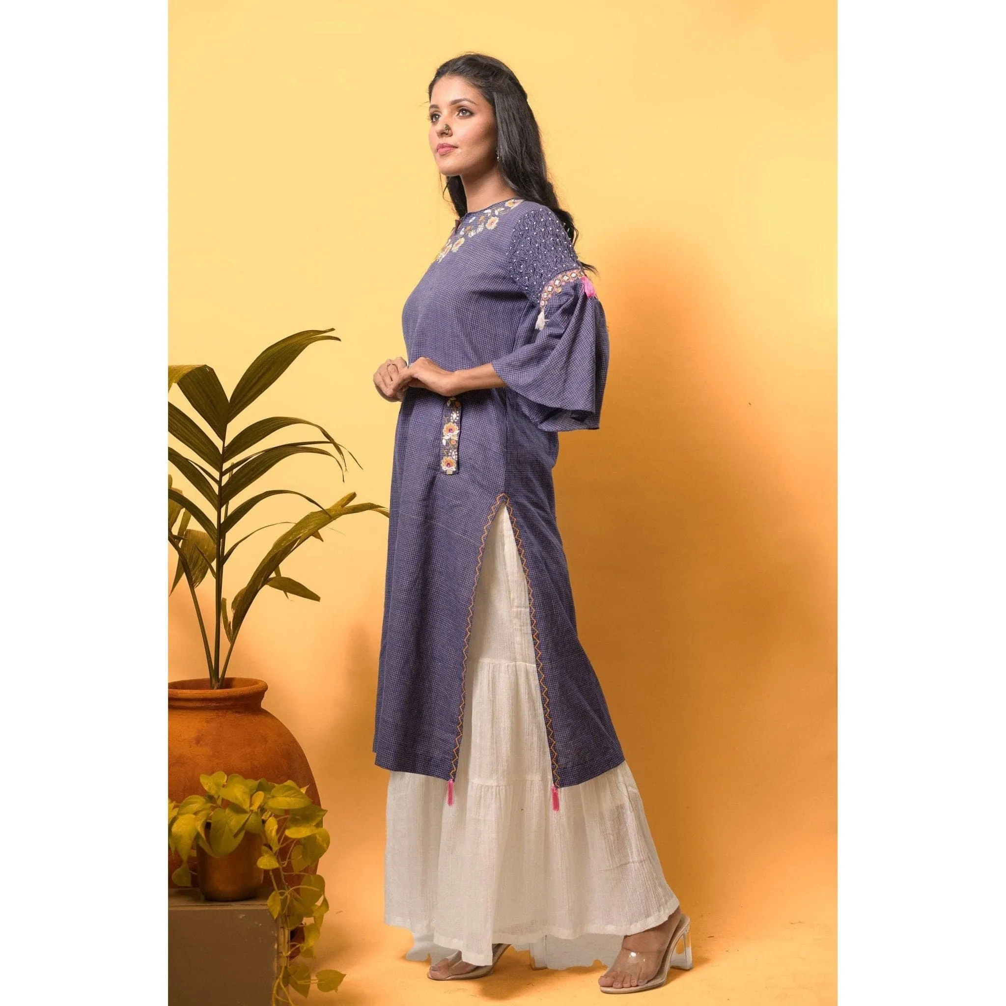 Women Soft Checks Boho Kurta Set