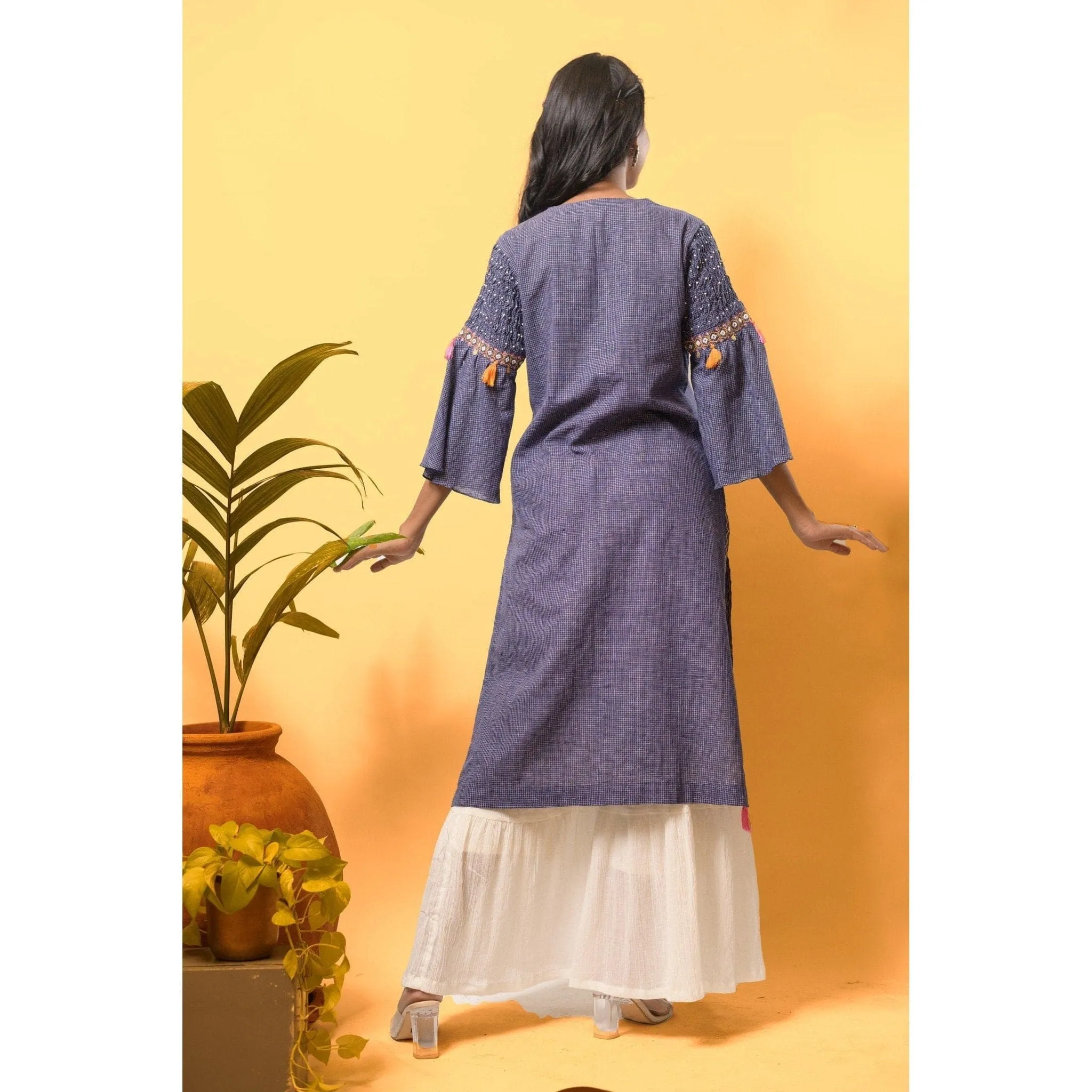 Women Soft Checks Boho Kurta Set