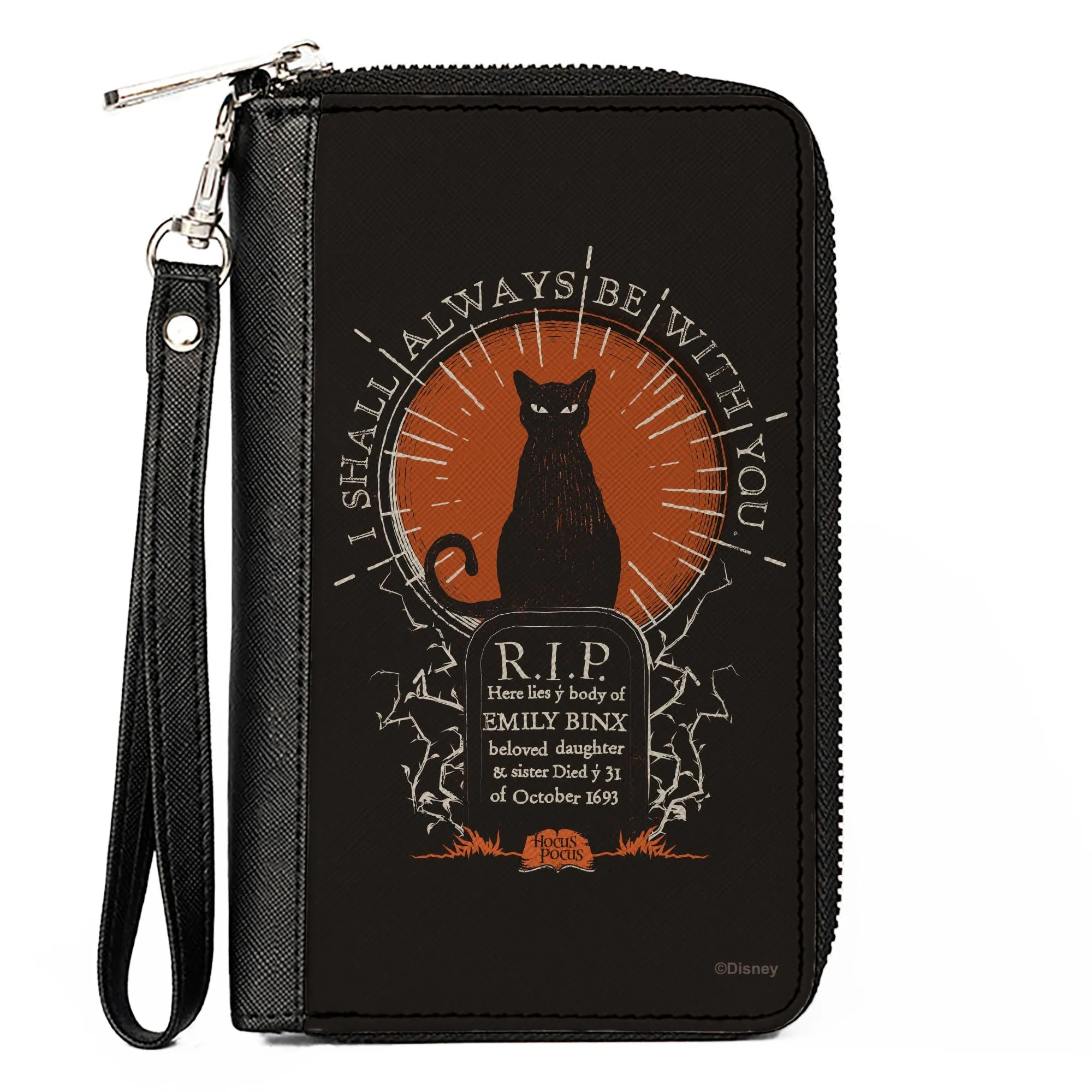 Women's PU Zip Around Wallet Rectangle - HOCUS POCUS Emily Binx I SHALL ALWAYS BE WITH YOU Black White Orange